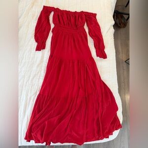 Elegant Off-Shoulder Long Sleeve Red Dress